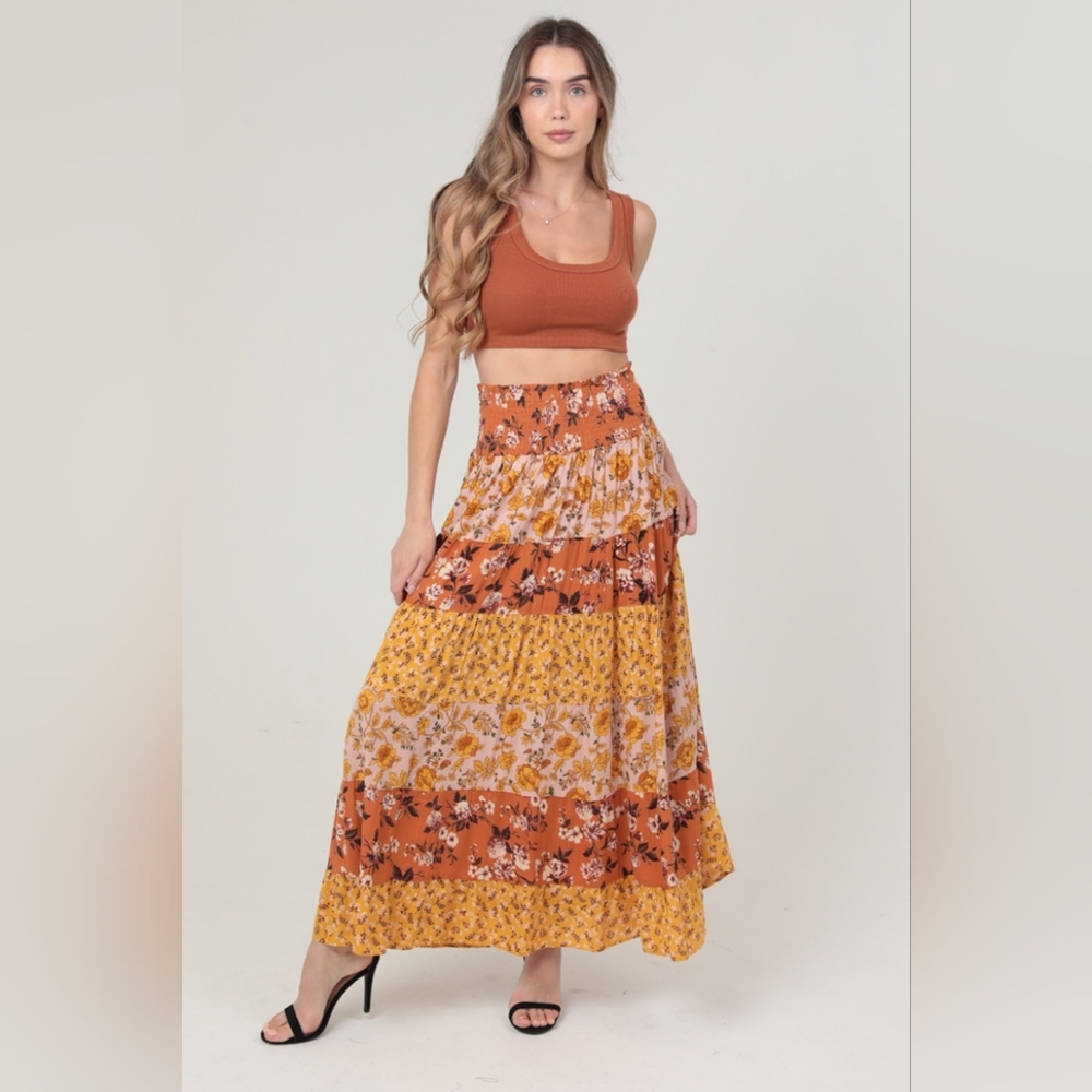 Floral Tiered Mustard Maxi Skirt